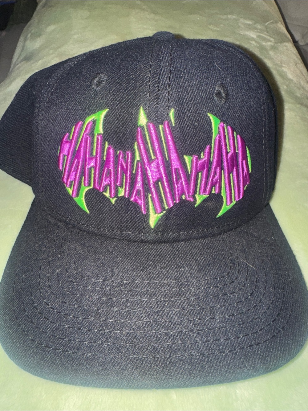 DC NWOT Batman Adjustable Cap w/Joker “Ha Ha Ha Ha Ha Ha” On Neon Green Bat Logo
